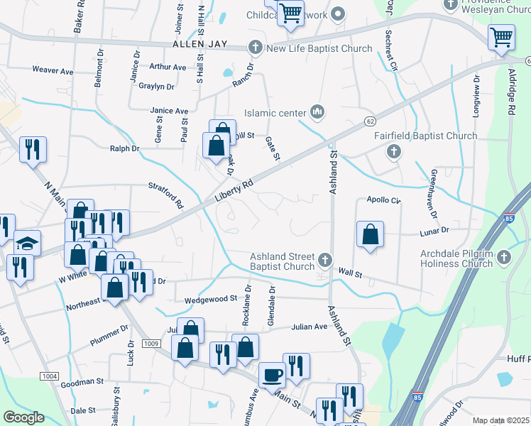 map of restaurants, bars, coffee shops, grocery stores, and more near 508 Oakmont Circle in Archdale