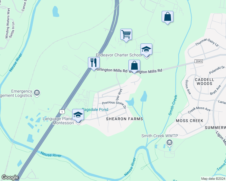map of restaurants, bars, coffee shops, grocery stores, and more near Middletown Drive in Wake Forest
