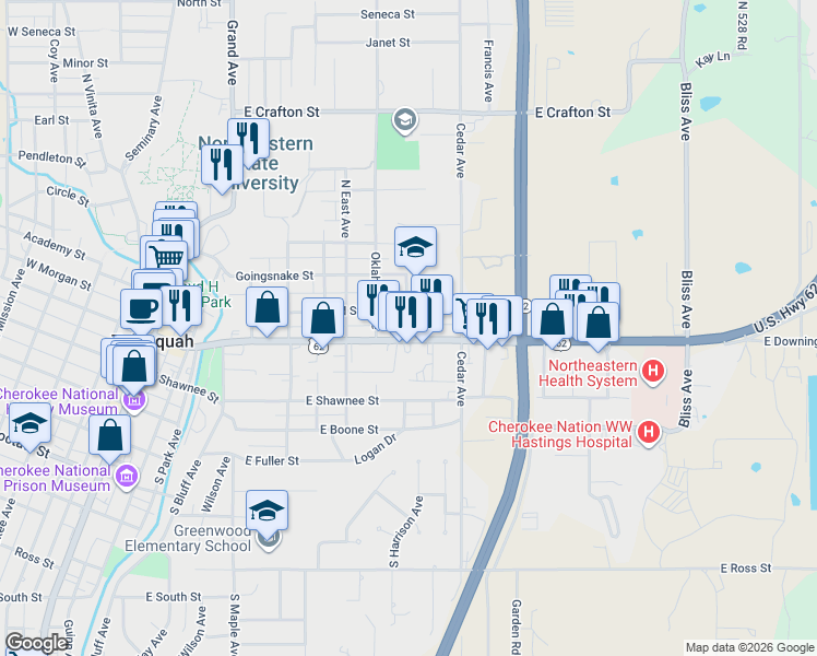 map of restaurants, bars, coffee shops, grocery stores, and more near 708 East Ward Street in Tahlequah