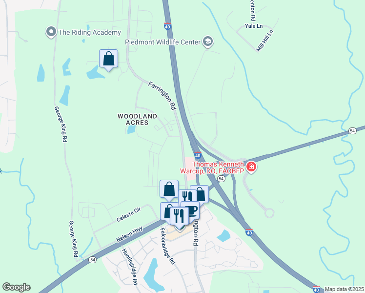 map of restaurants, bars, coffee shops, grocery stores, and more near Farrington Road in Durham County
