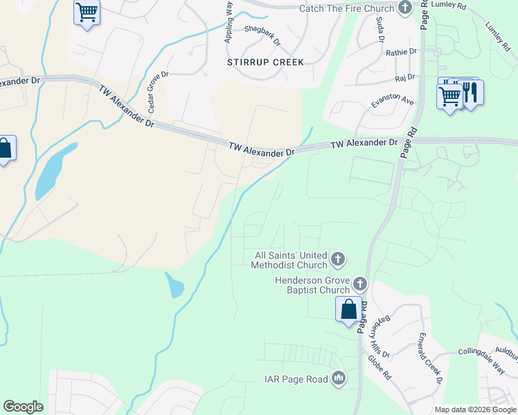 map of restaurants, bars, coffee shops, grocery stores, and more near 109 Journey Place in Durham