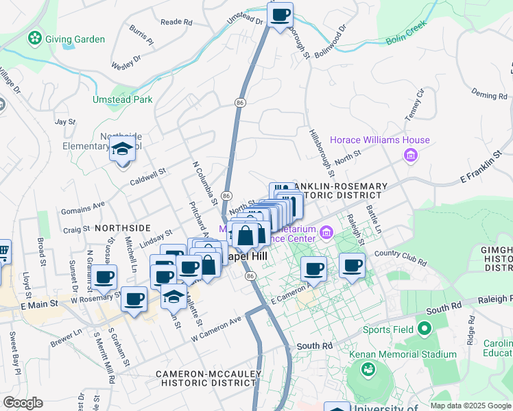 map of restaurants, bars, coffee shops, grocery stores, and more near 128 North Street in Chapel Hill