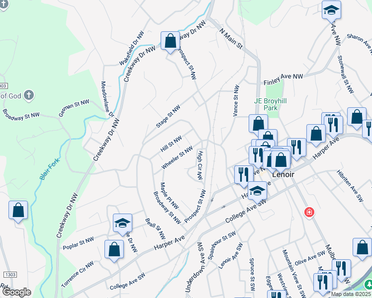 map of restaurants, bars, coffee shops, grocery stores, and more near 514 Wheeler Street Northwest in Lenoir