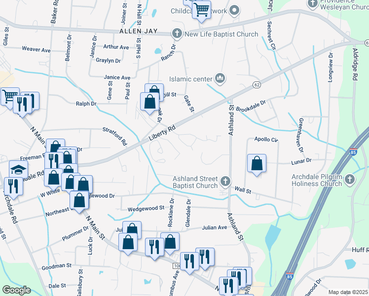map of restaurants, bars, coffee shops, grocery stores, and more near 508 Oakmont Circle in Archdale