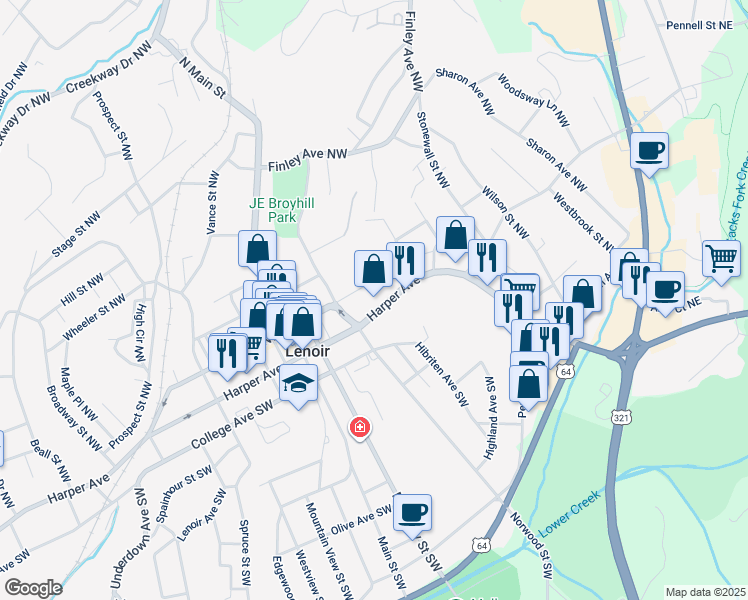 map of restaurants, bars, coffee shops, grocery stores, and more near 520 Harper Avenue in Lenoir