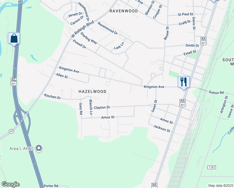 map of restaurants, bars, coffee shops, grocery stores, and more near 629 Allen Street in Rocky Mount