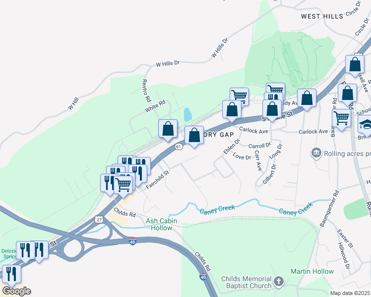 map of restaurants, bars, coffee shops, grocery stores, and more near 1805 South Roane Street in Harriman