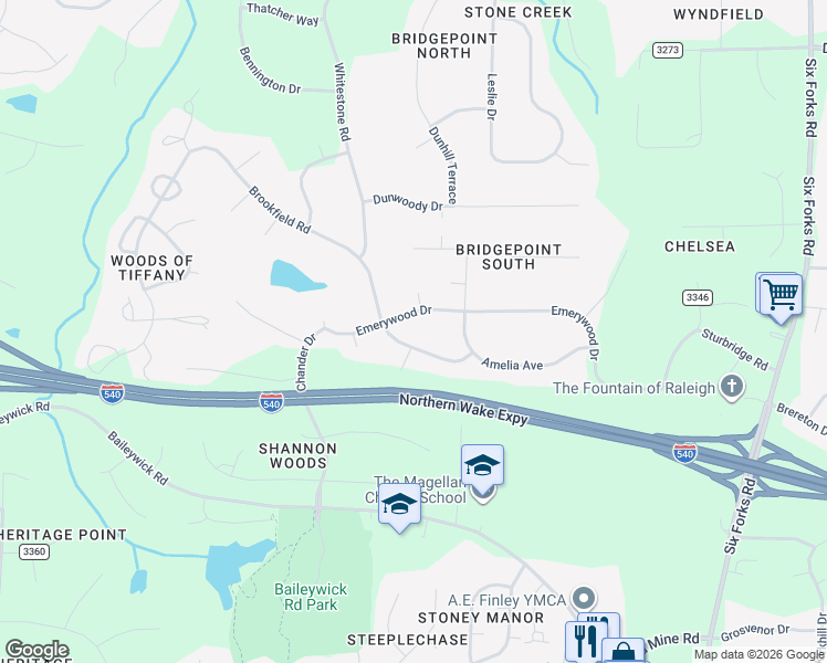 map of restaurants, bars, coffee shops, grocery stores, and more near 512 Brookfield Road in Raleigh
