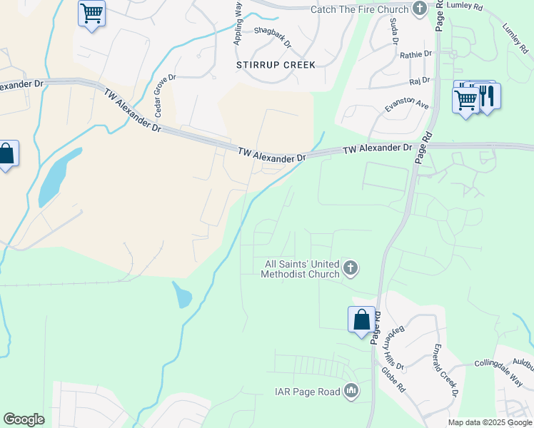 map of restaurants, bars, coffee shops, grocery stores, and more near 109 Journey Place in Durham
