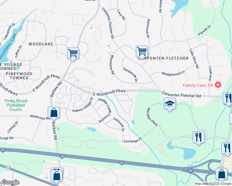 map of restaurants, bars, coffee shops, grocery stores, and more near 1204 Copper Creek Drive in Durham