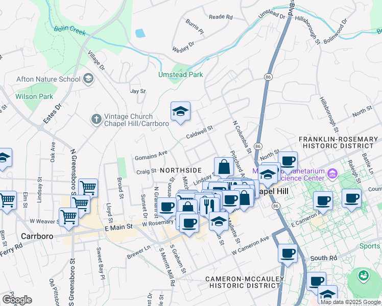 map of restaurants, bars, coffee shops, grocery stores, and more near 315 Brooks Street in Chapel Hill