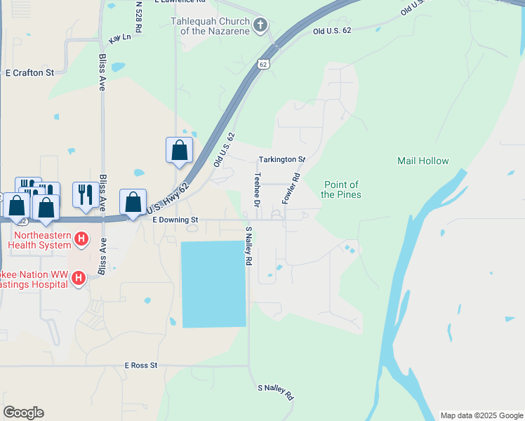 map of restaurants, bars, coffee shops, grocery stores, and more near 301 South Teehee Drive in Tahlequah