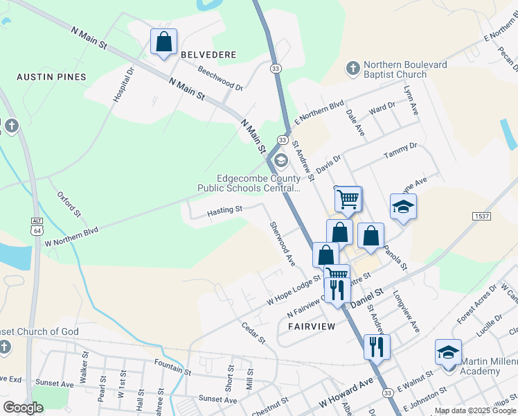 map of restaurants, bars, coffee shops, grocery stores, and more near 2270 Sherwood Avenue in Tarboro