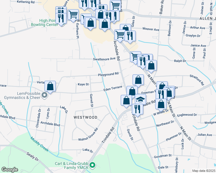 map of restaurants, bars, coffee shops, grocery stores, and more near 316 Eden Terrace in Archdale