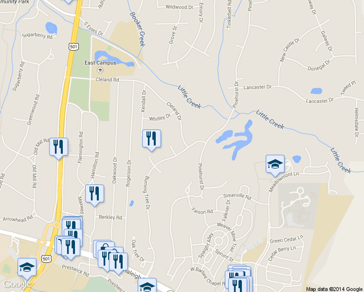 map of restaurants, bars, coffee shops, grocery stores, and more near 1022 Burning Tree Drive in Chapel Hill