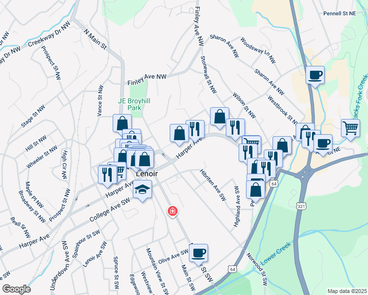 map of restaurants, bars, coffee shops, grocery stores, and more near 520 Harper Avenue in Lenoir
