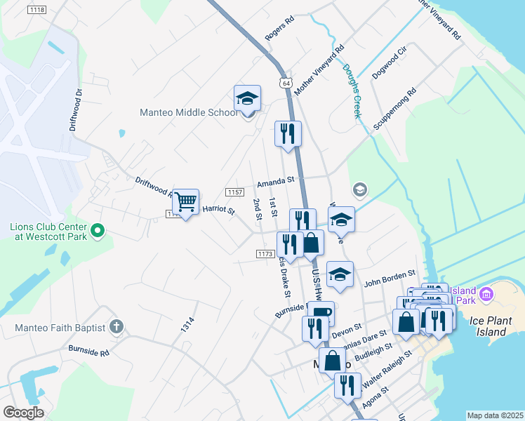 map of restaurants, bars, coffee shops, grocery stores, and more near 914 1st Street in Manteo