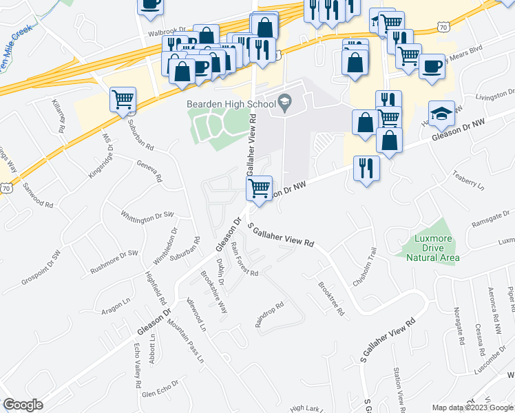 map of restaurants, bars, coffee shops, grocery stores, and more near 8480 Gleason Drive in Knoxville