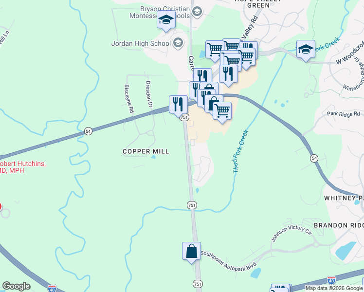 map of restaurants, bars, coffee shops, grocery stores, and more near 7118 North Carolina 751 in Durham