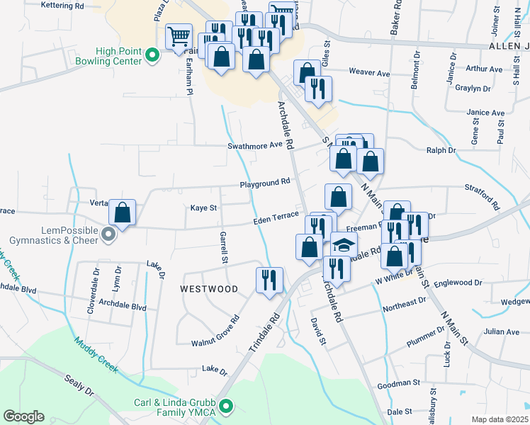 map of restaurants, bars, coffee shops, grocery stores, and more near 316 Eden Terrace in Archdale