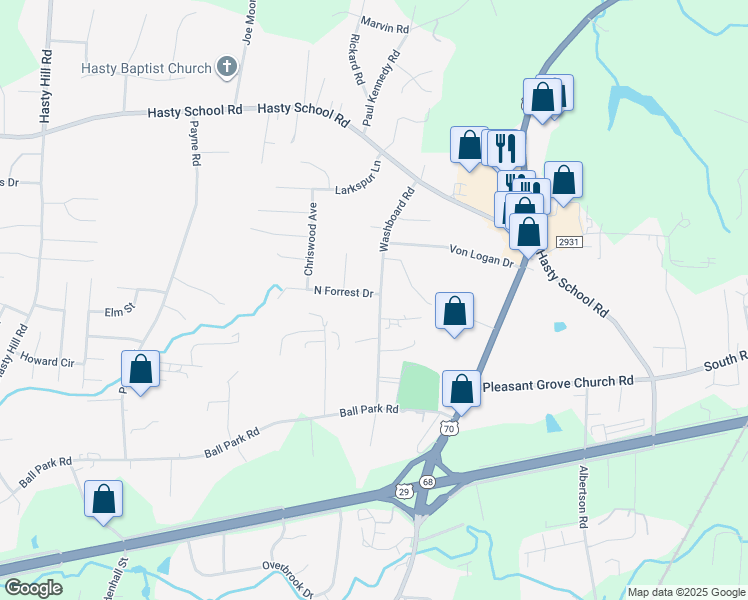 map of restaurants, bars, coffee shops, grocery stores, and more near 1 North Forrest Drive in Thomasville