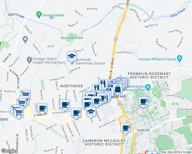 map of restaurants, bars, coffee shops, grocery stores, and more near 411 Pritchard Avenue in Chapel Hill