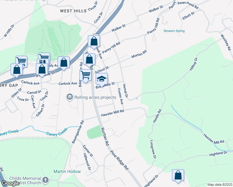 map of restaurants, bars, coffee shops, grocery stores, and more near 122 Foster Avenue in Harriman