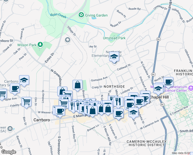 map of restaurants, bars, coffee shops, grocery stores, and more near 609 Sykes Street in Chapel Hill