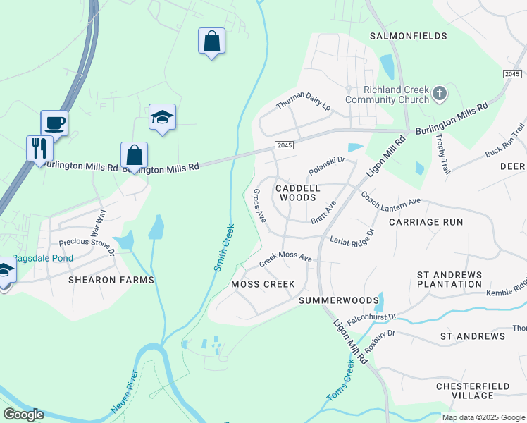 map of restaurants, bars, coffee shops, grocery stores, and more near 2814 Gross Avenue in Wake Forest