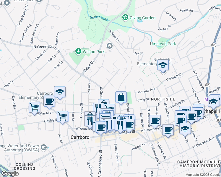 map of restaurants, bars, coffee shops, grocery stores, and more near 102 Mulberry Street in Carrboro