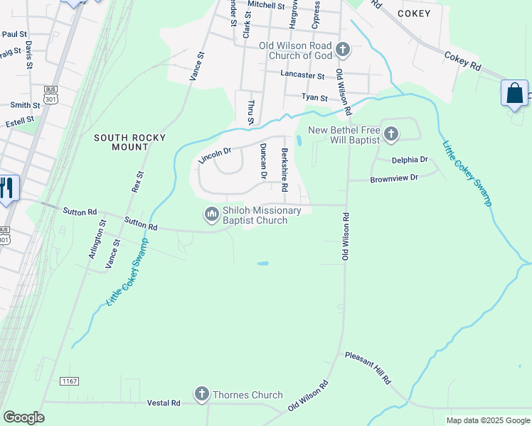 map of restaurants, bars, coffee shops, grocery stores, and more near 831 Sutton Road in Rocky Mount