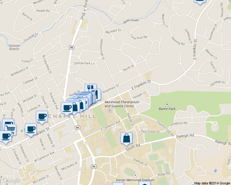 map of restaurants, bars, coffee shops, grocery stores, and more near 1640 Jamestowne Court in Chapel Hill