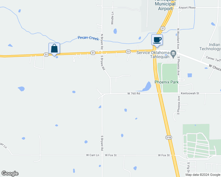 map of restaurants, bars, coffee shops, grocery stores, and more near 17822 South Bryant Road in Tahlequah
