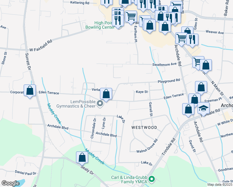 map of restaurants, bars, coffee shops, grocery stores, and more near 701 Playground Road in Archdale