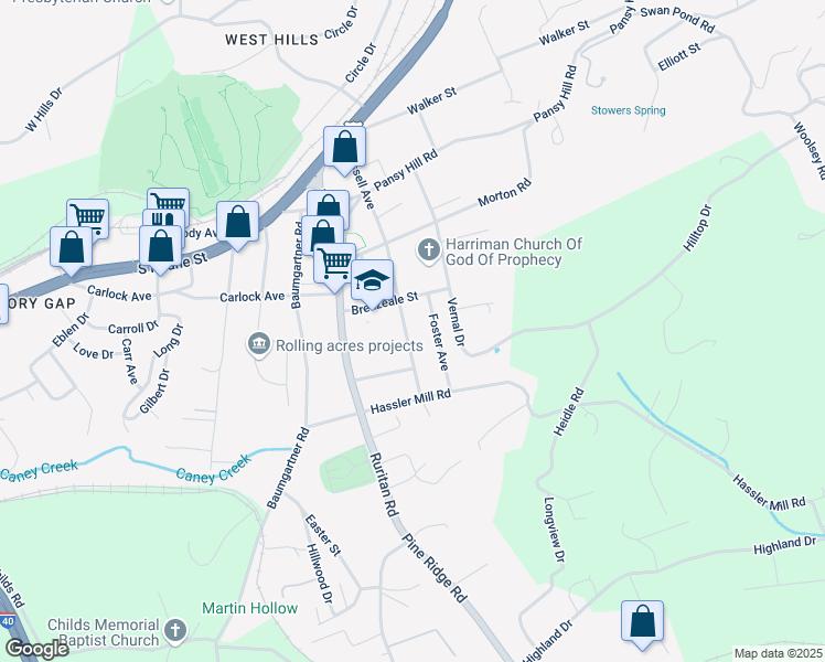map of restaurants, bars, coffee shops, grocery stores, and more near 122 Foster Avenue in Harriman