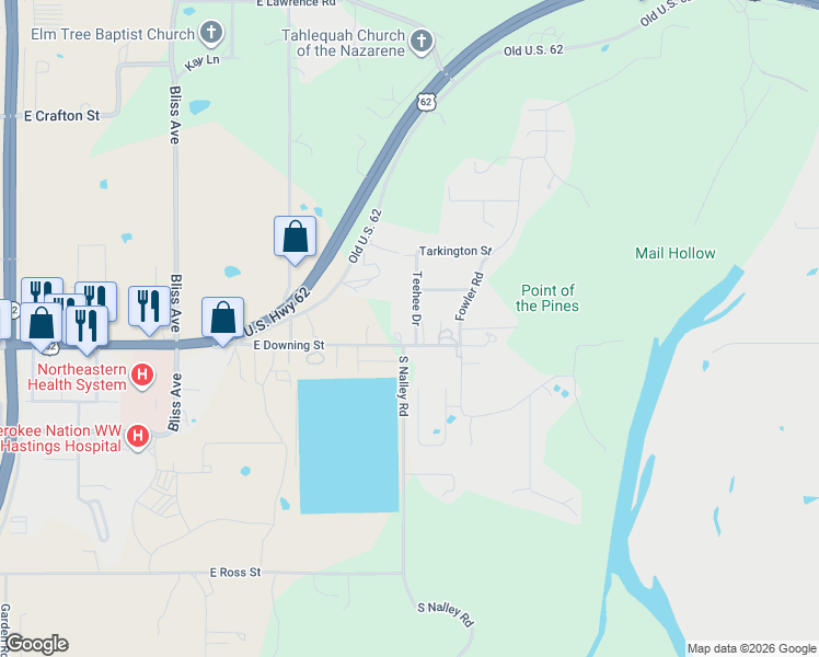 map of restaurants, bars, coffee shops, grocery stores, and more near 305 Teehee Drive in Tahlequah
