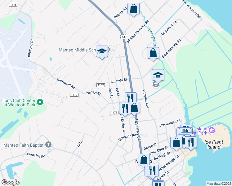 map of restaurants, bars, coffee shops, grocery stores, and more near 914 1st Street in Manteo