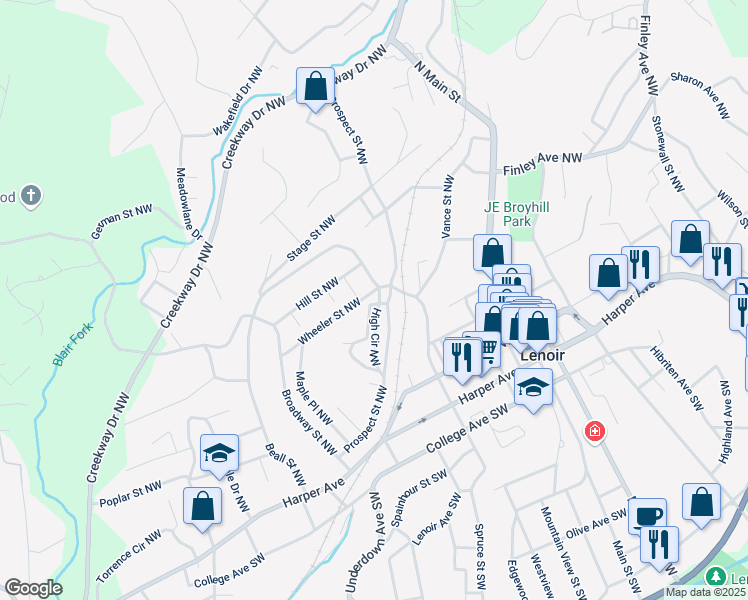 map of restaurants, bars, coffee shops, grocery stores, and more near 501 Wheeler Street Northwest in Lenoir