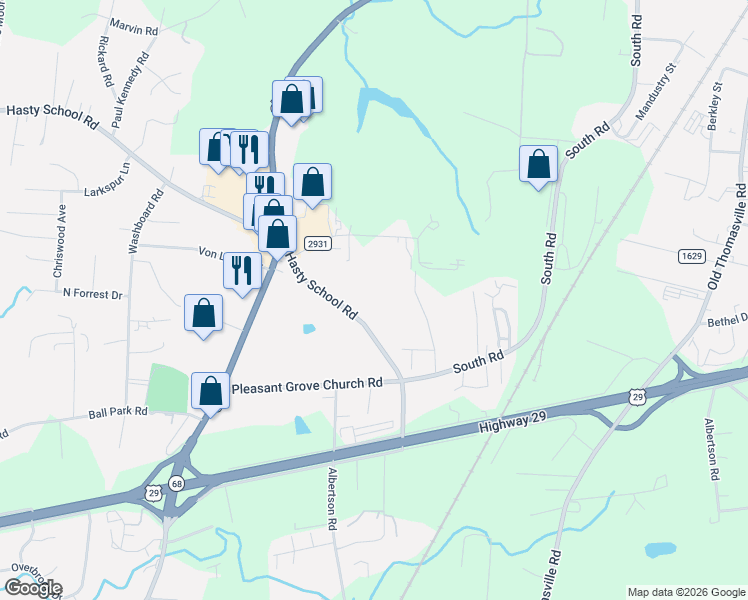 map of restaurants, bars, coffee shops, grocery stores, and more near 1224 Hasty School Road in Thomasville