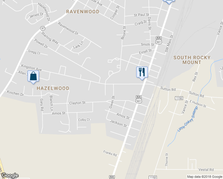 map of restaurants, bars, coffee shops, grocery stores, and more near 2508 Gwen Street in Rocky Mount