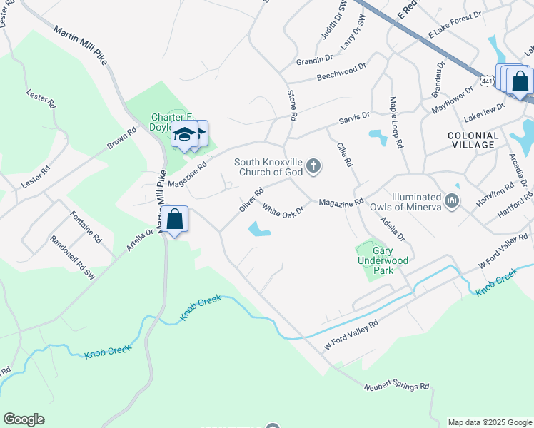 map of restaurants, bars, coffee shops, grocery stores, and more near 708 White Oak Drive in Knoxville