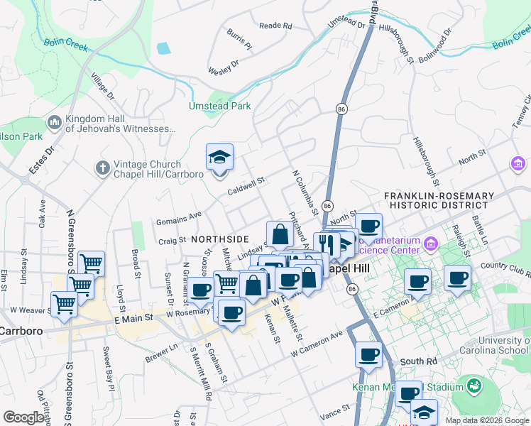 map of restaurants, bars, coffee shops, grocery stores, and more near 501 Church Street in Chapel Hill