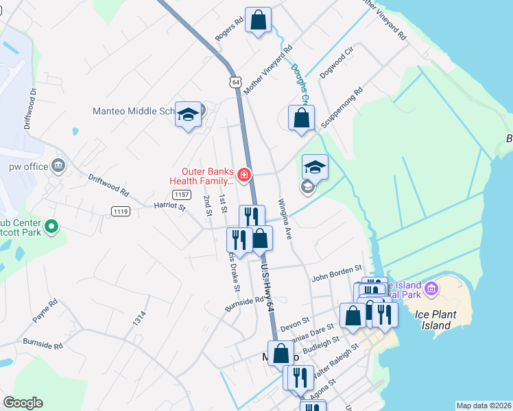 map of restaurants, bars, coffee shops, grocery stores, and more near 907 U.S. 64 in Manteo
