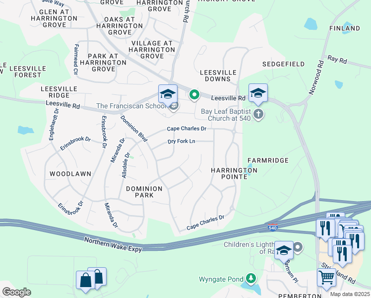 map of restaurants, bars, coffee shops, grocery stores, and more near 9625 Berryville Court in Raleigh