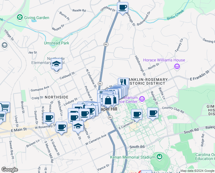 map of restaurants, bars, coffee shops, grocery stores, and more near 119 North Street in Chapel Hill