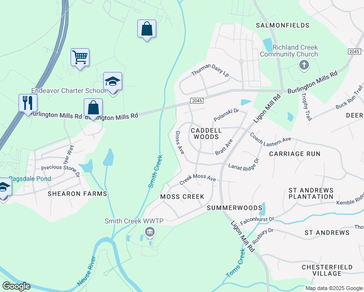 map of restaurants, bars, coffee shops, grocery stores, and more near 2814 Gross Avenue in Wake Forest