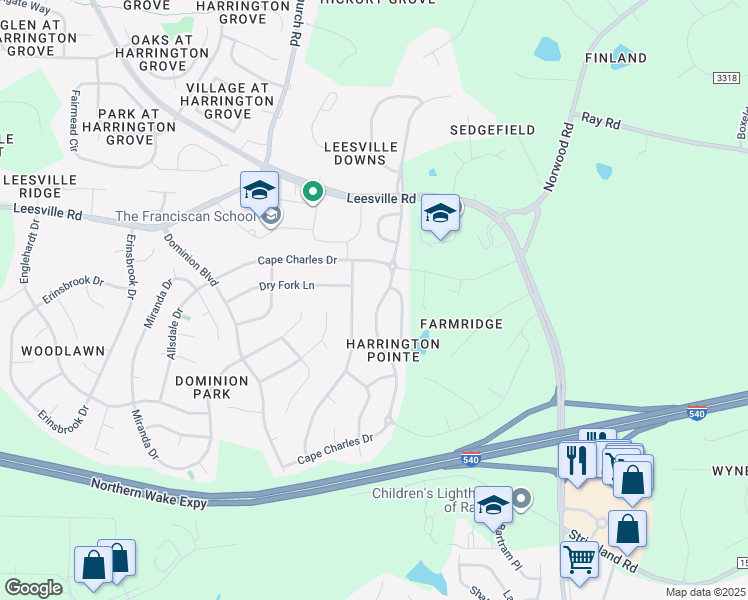 map of restaurants, bars, coffee shops, grocery stores, and more near 7861 Cape Charles Drive in Raleigh
