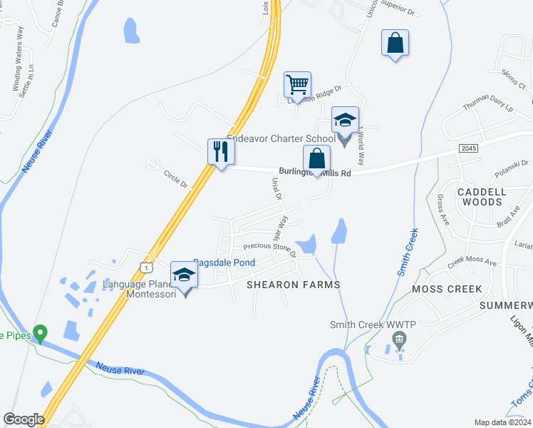 map of restaurants, bars, coffee shops, grocery stores, and more near 4481 Middletown Drive in Wake Forest
