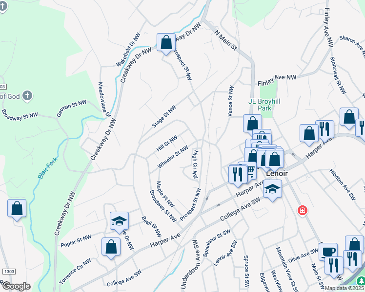 map of restaurants, bars, coffee shops, grocery stores, and more near 514 Wheeler Street Northwest in Lenoir