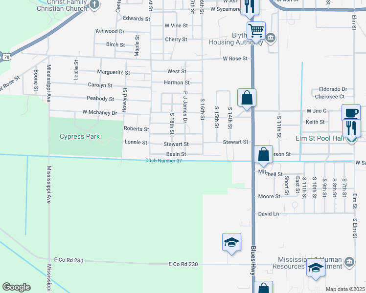 map of restaurants, bars, coffee shops, grocery stores, and more near 1701 Stewart Street in Blytheville